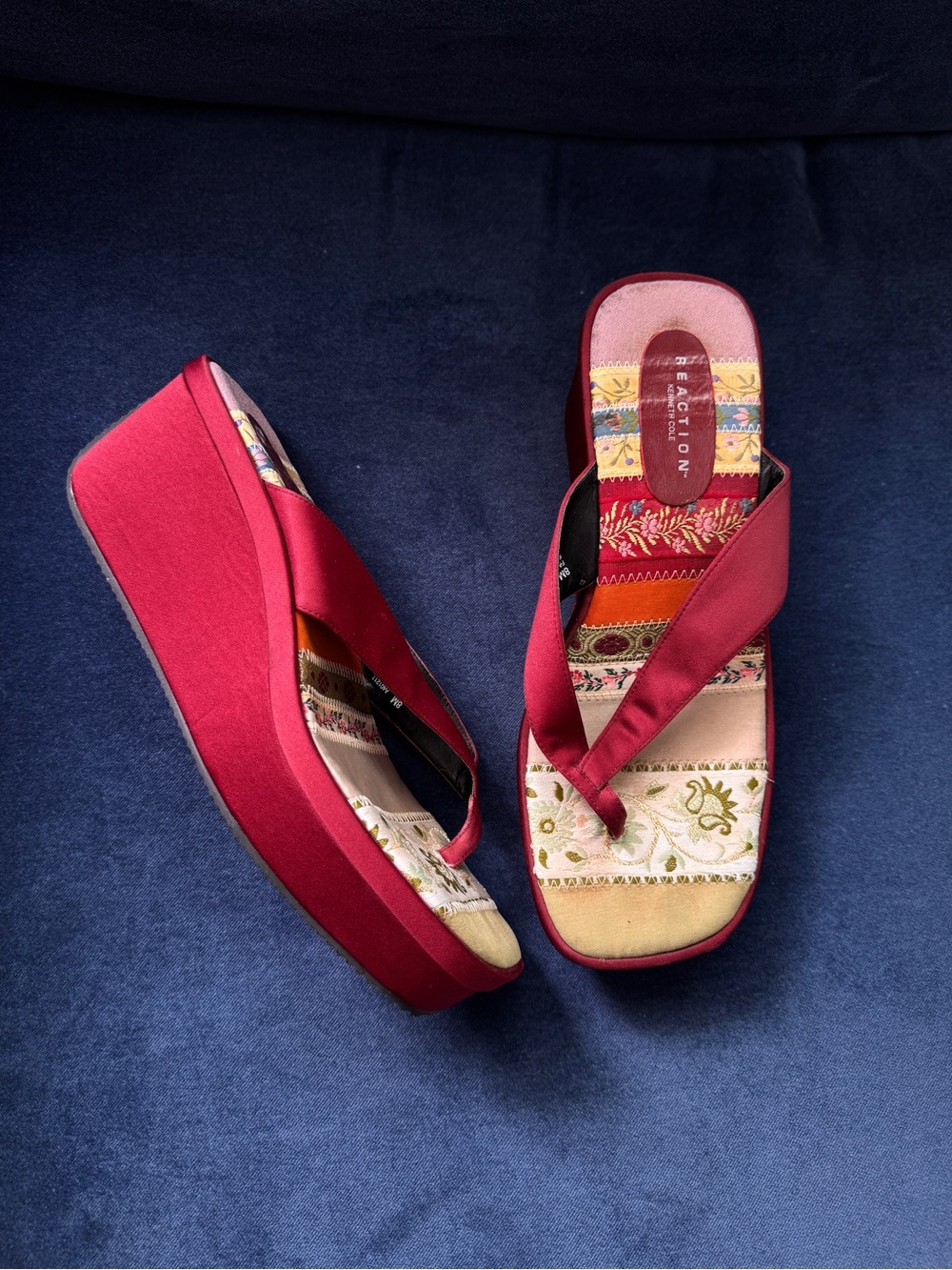Reaction by Kenneth Cole burgundytapestry and satin platform wedge sandals
